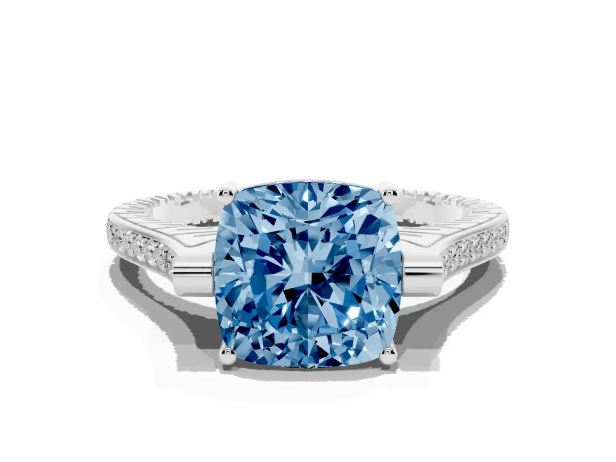 Fancy Blue Cushion Cut Solitaire Diamond Ring with Channel Set Band and Bezel Prong Setting Platinum