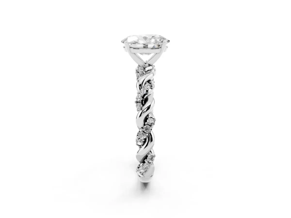 Oval Cut Diamond Solitaire Ring with Twisted Band and Pavé Accents White gold