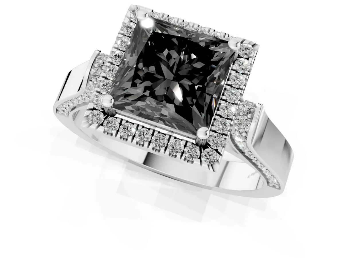 Fancy Black Princess Cut Halo Round Diamond Twist Band with Four-Prong Setting White gold