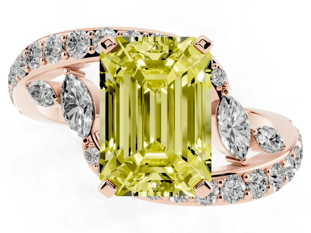 Fancy Yellow Emerald Cut Solitaire with Pavé Twist Band and Four-Prong Setting Rose gold