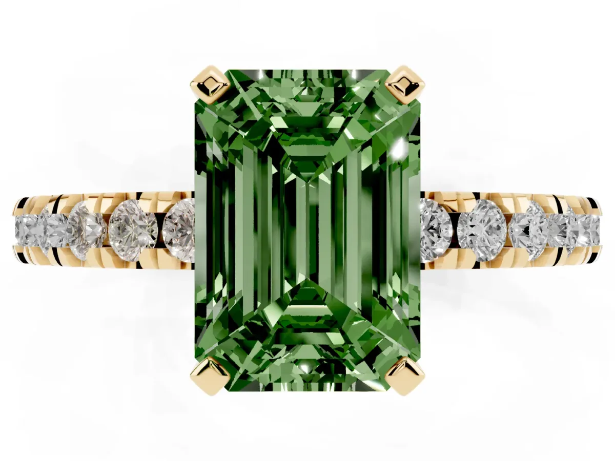 Fancy Green Emerald Cut Diamond Pavé Band Solitaire with Four-Prong Setting Yellow gold