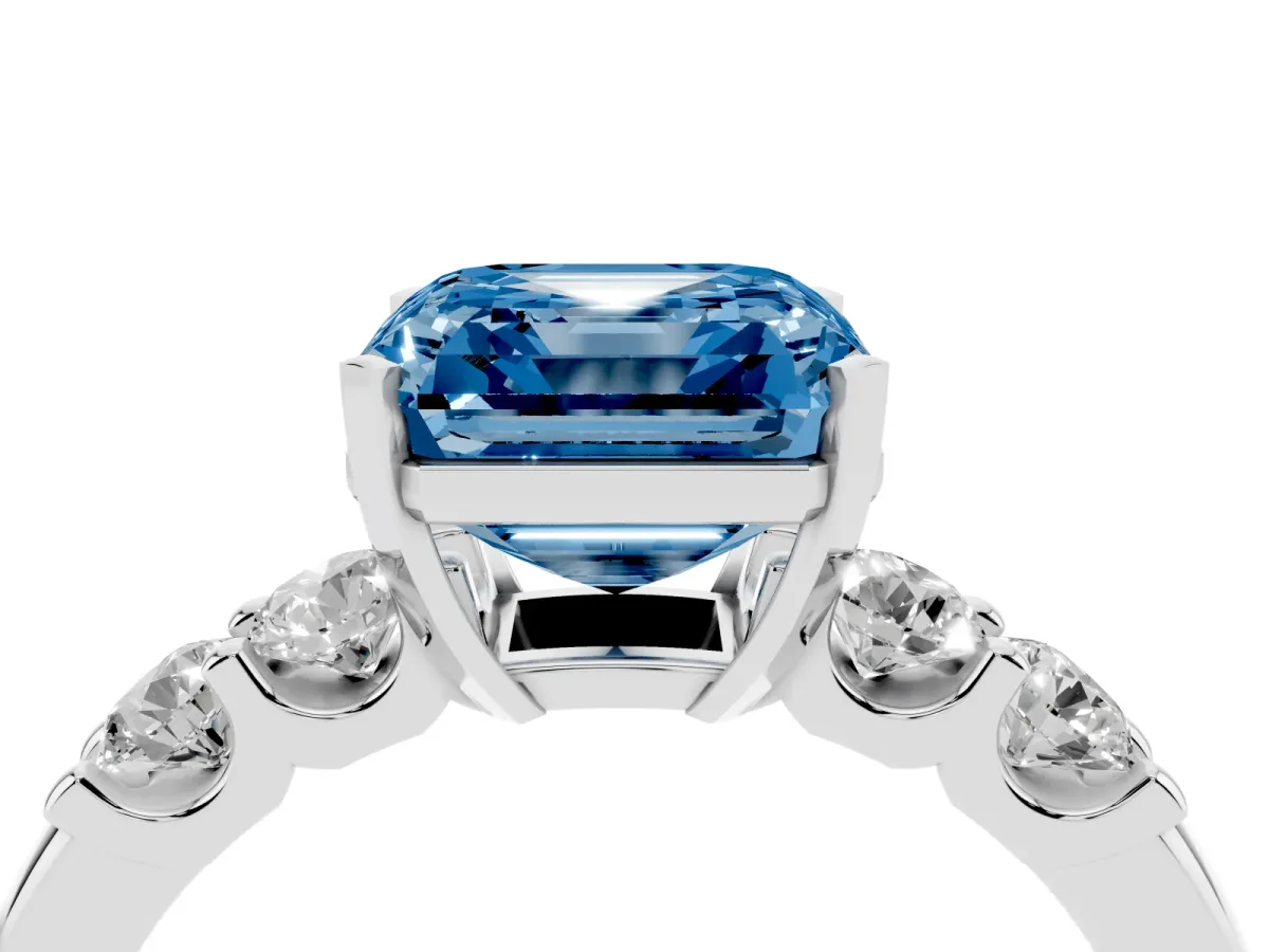 Fancy Blue Asscher Cut Brilliant Cut Diamond Five-Stone Prong Set Engagement Ring with Channel Band Platinum