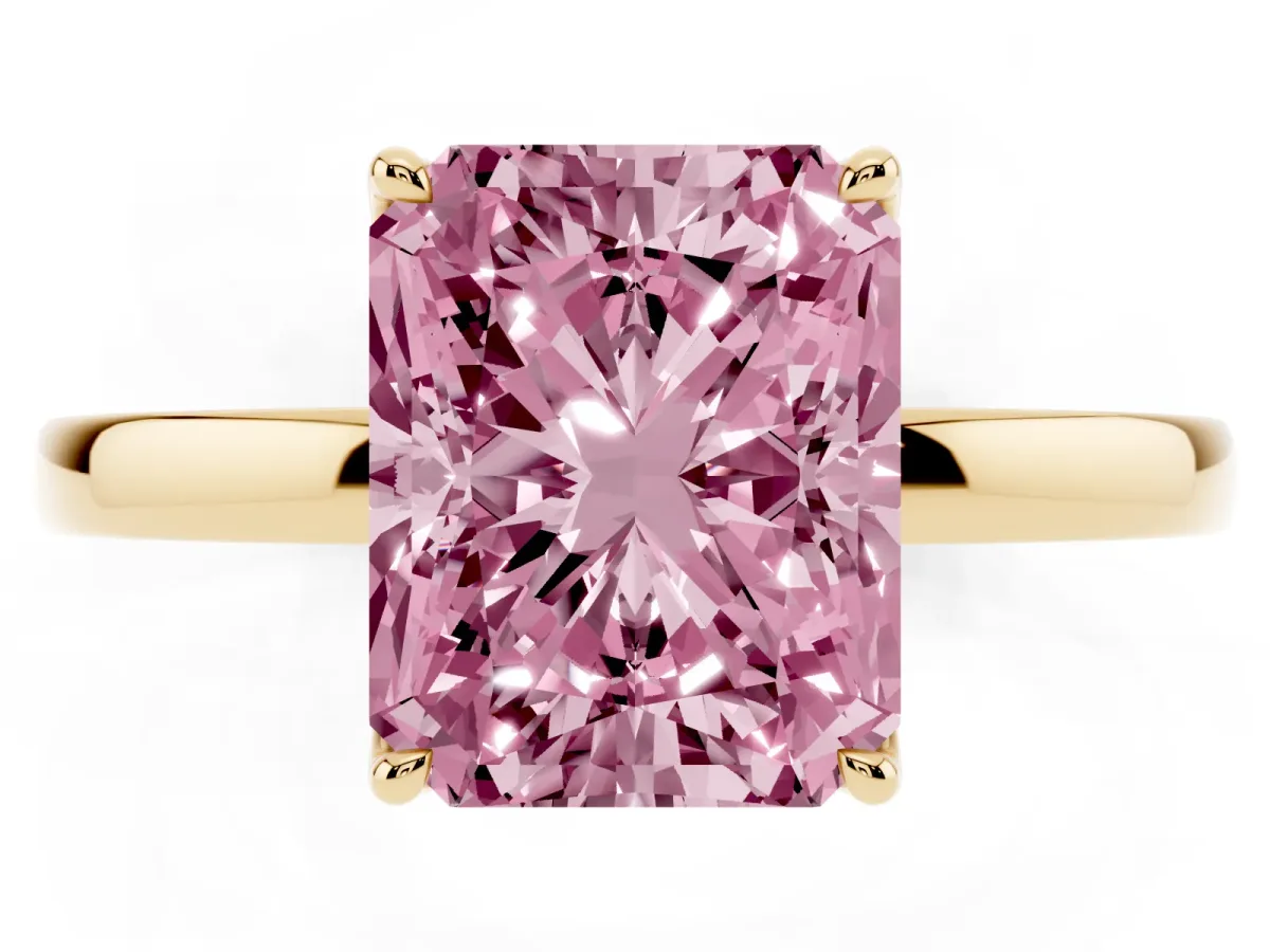 Fancy Pink Radiant Cut Diamond Solitaire Ring with Thin Band and Prong Setting Yellow gold