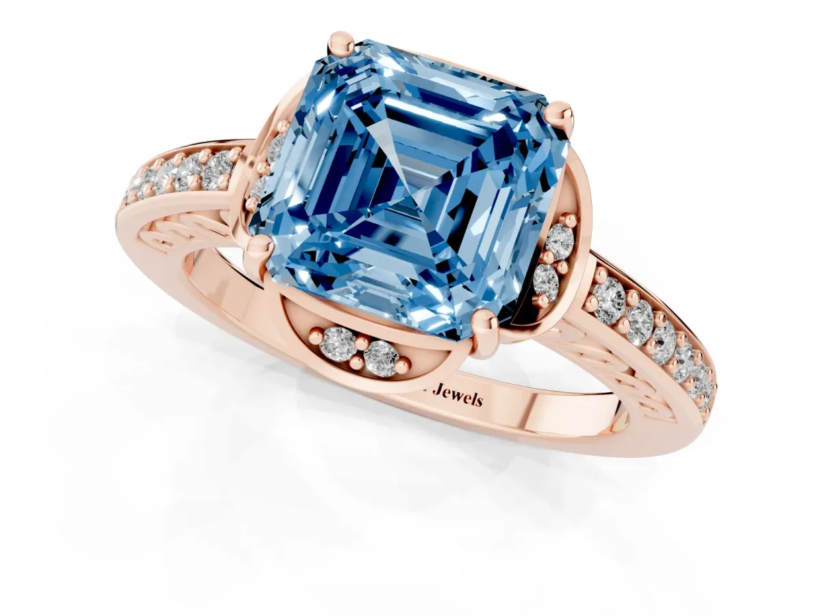 Fancy Blue Asscher Cut Cut Halo Diamond Ring with Channel Set Band and Four-Prong Setting Rose gold