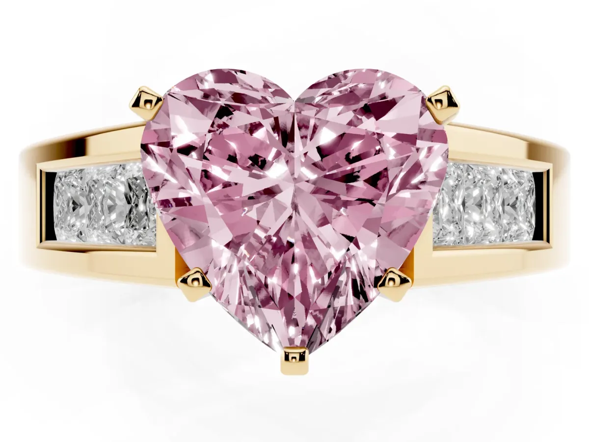 Fancy Pink Heart Cut Cut Channel Set Solitaire Ring with Four-Prong Setting Yellow gold