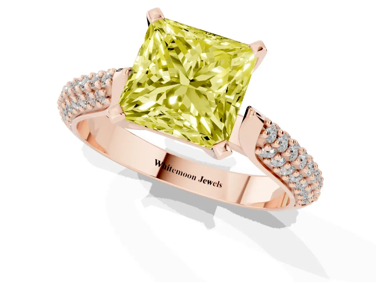 Fancy Yellow Princess Cut Diamond Solitaire Engagement Ring with Multi-Row Round Pavé Band and Prong Setting Rose gold