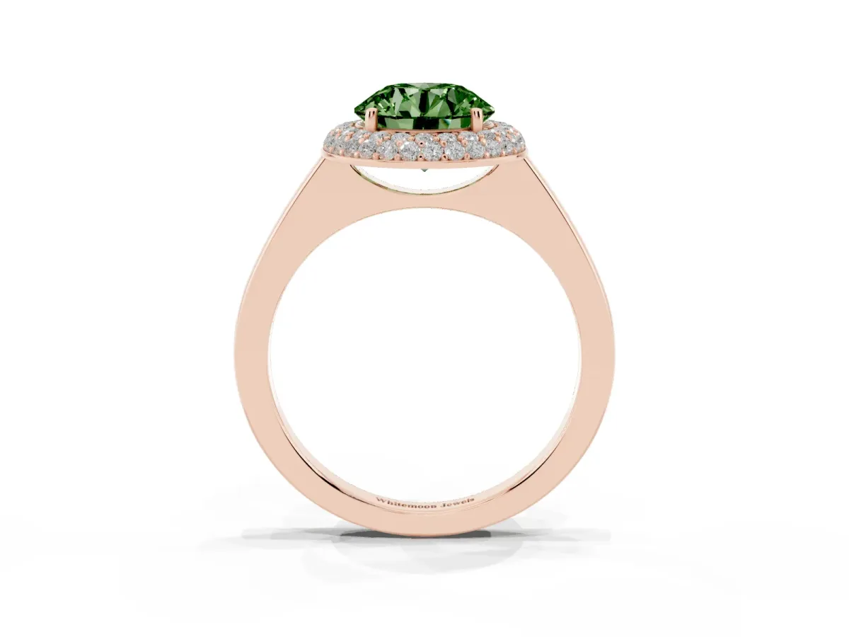 Fancy Green Round Cut Halo Diamond Engagement Ring with Solitaire Band and Four-Prong Setting Rose gold