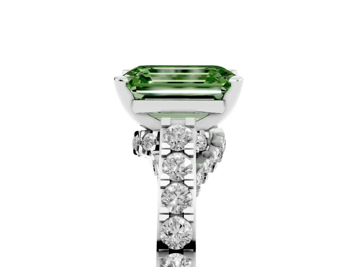 Fancy Green Emerald Cut Diamond Solitaire Ring with Crossover Gallery and Round Pavé Band Silver