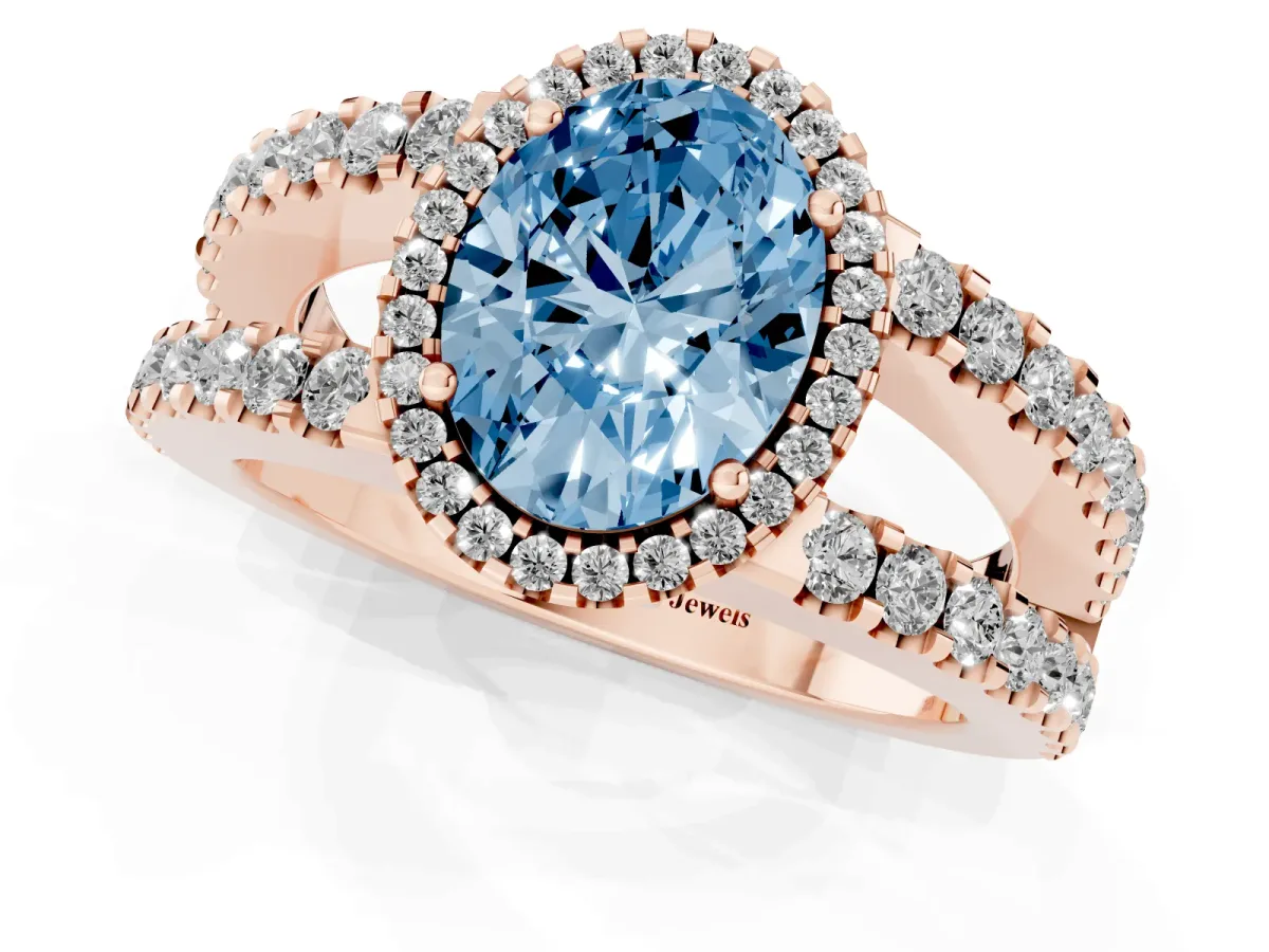 Fancy Blue Oval Cut Cut Halo Split Shank Diamond Ring with Four-Prong Setting Rose gold