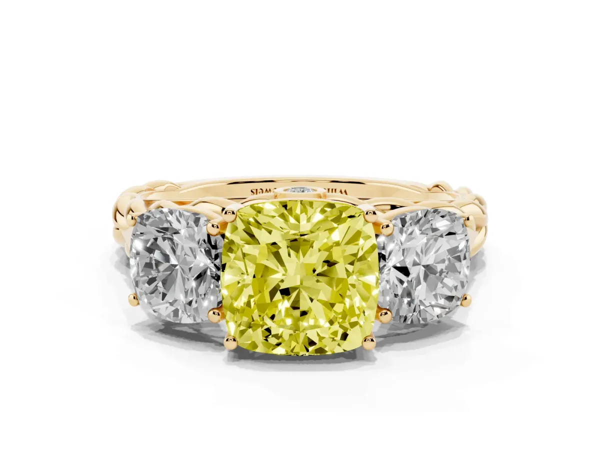 Fancy Yellow Three-Stone Cushion Cut Diamond Braided Band Ring with Four-Prong Setting Yellow gold