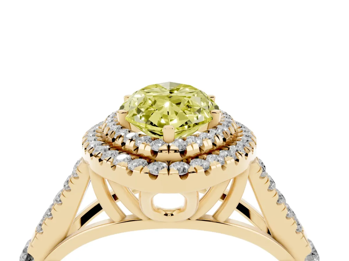 Fancy Yellow Marquise Cut Cut Double Halo Split Shank Diamond Ring with Prong Setting Yellow gold