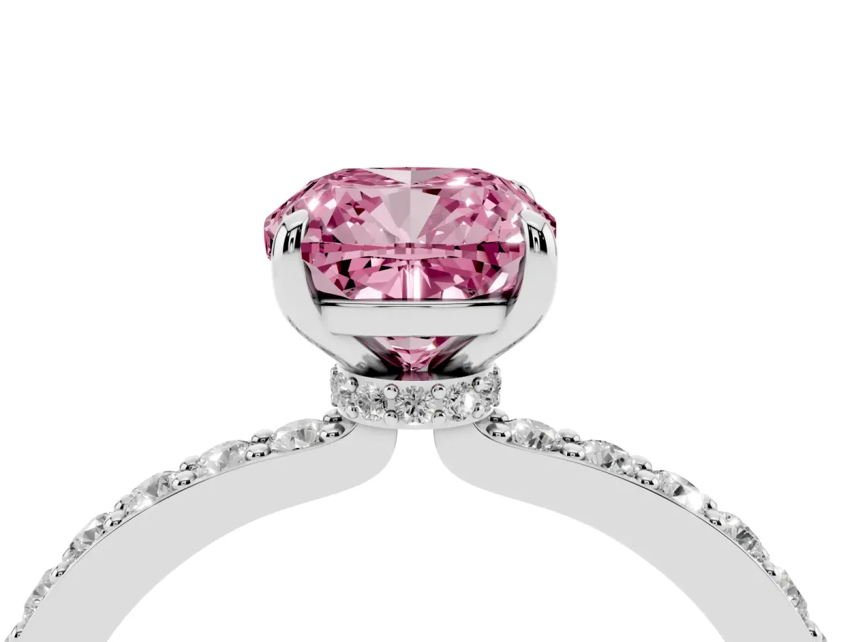 Fancy Pink Cushion Cut Diamond Solitaire Engagement Ring with Pavé Band and Four-Prong Setting White gold