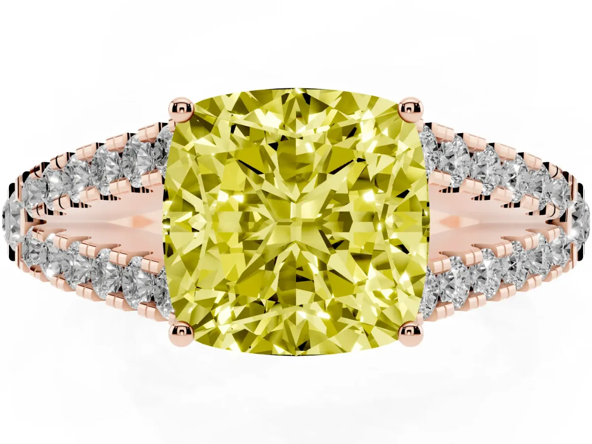 Fancy Yellow Cushion Cut Diamond Split Shank Engagement Ring with Round Pavé and Prong Setting Rose gold