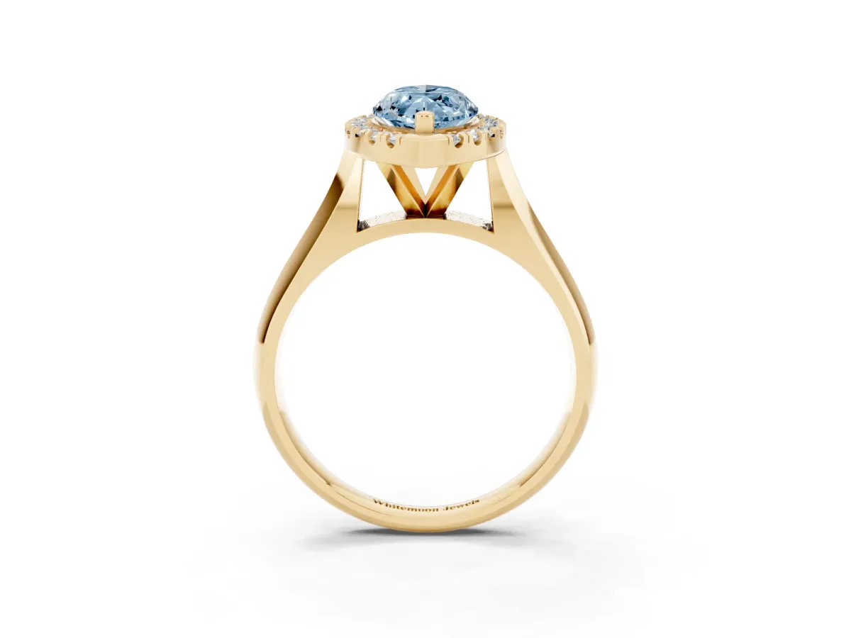 Fancy Blue Marquise Cut Cut Halo Solitaire Engagement Ring with Square Band and Four-Prong Setting Yellow gold