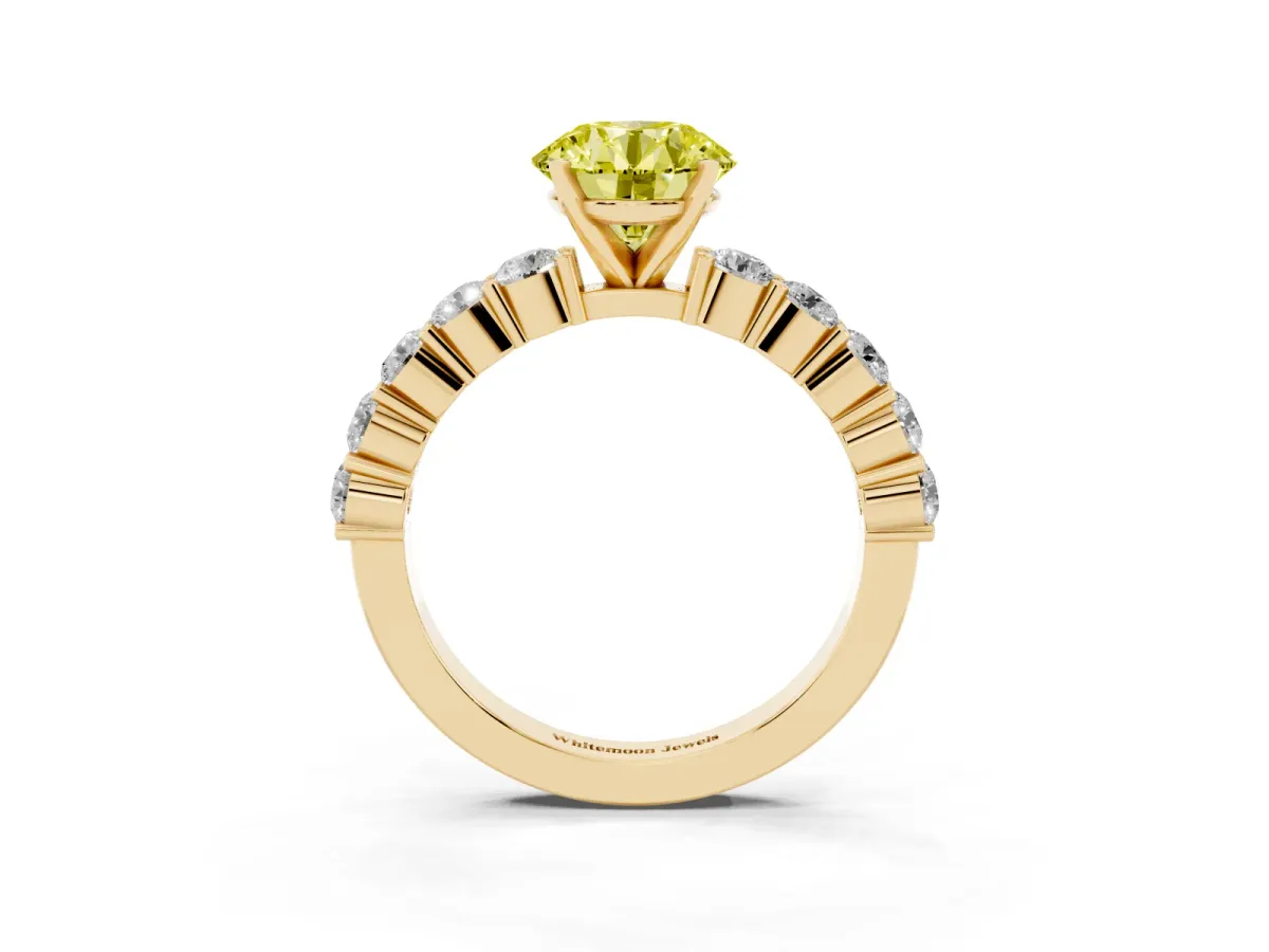 Fancy Yellow Round Cut Diamond Solitaire Ring with Shared Prong Round Side Stones Yellow gold