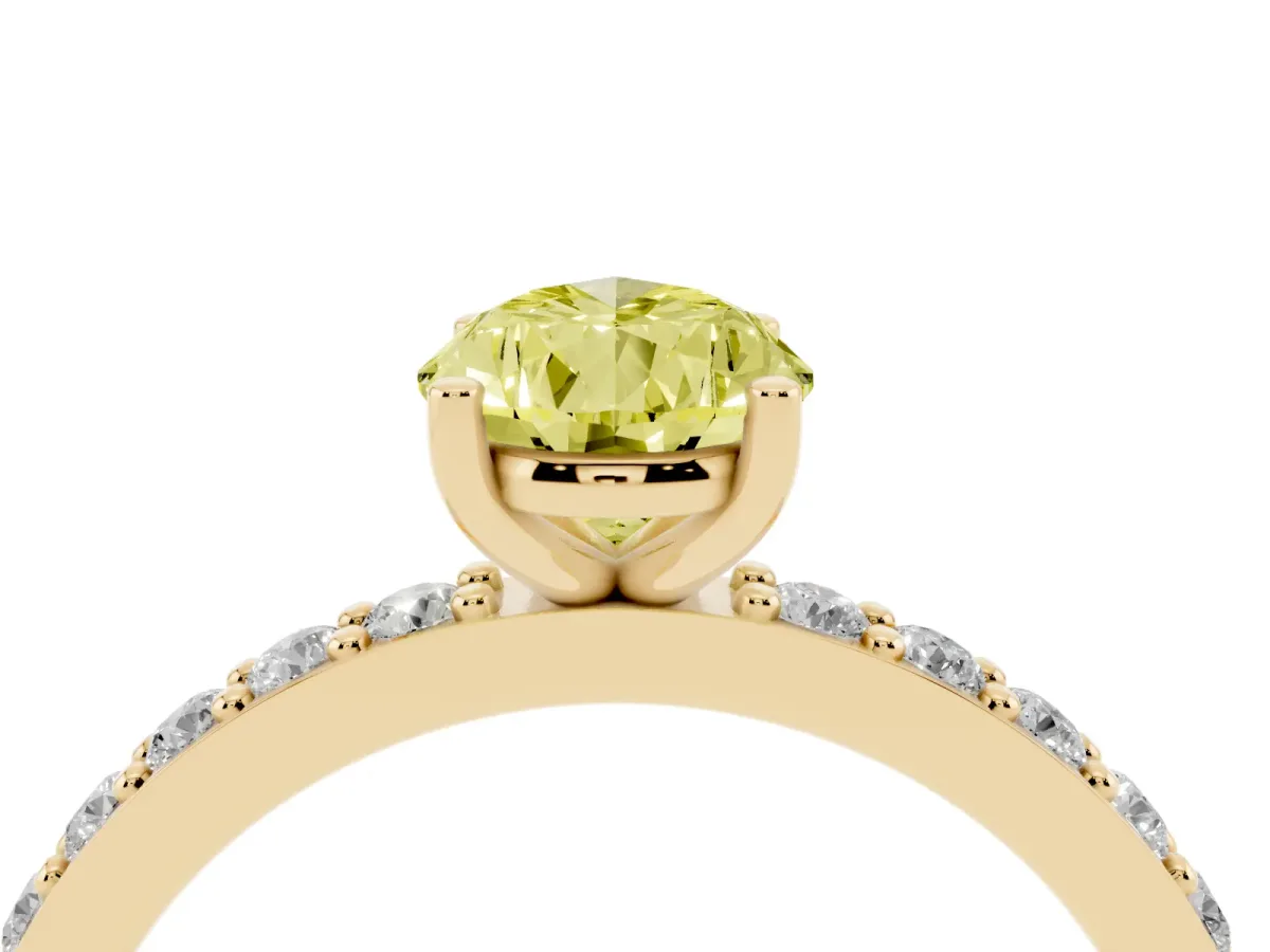 Fancy Yellow Pear Cut Cut Diamond Solitaire with Pave Band and Four-Prong Setting Yellow gold