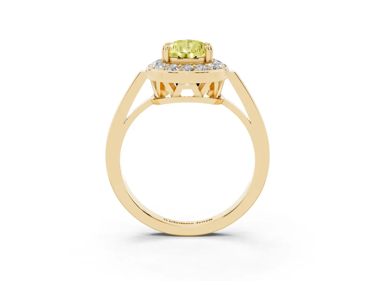 Fancy Yellow Pear Cut Diamond Halo Ring with Split Shank and Four-Prong Setting Yellow gold