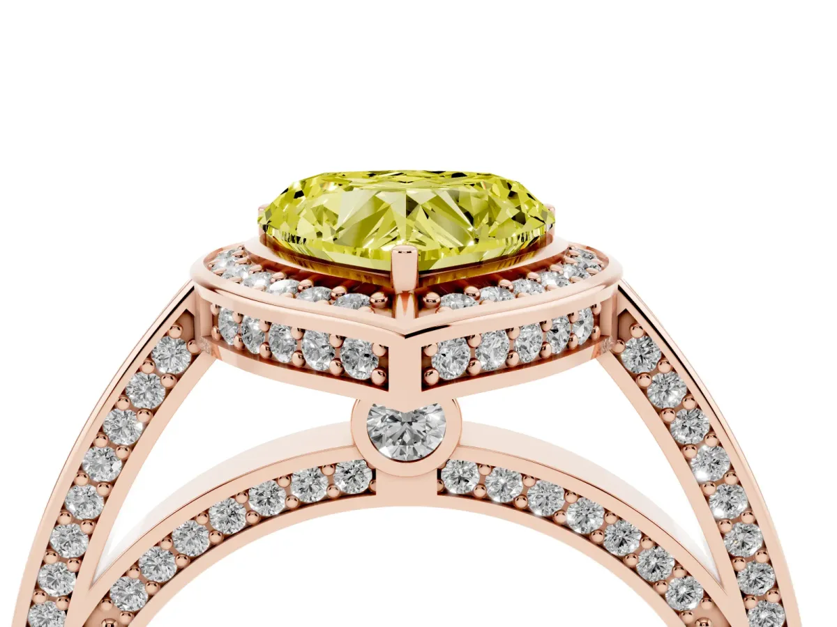 Fancy Yellow Heart Cut Cut Halo Pave Split Shank Prong Setting Ring Rose gold