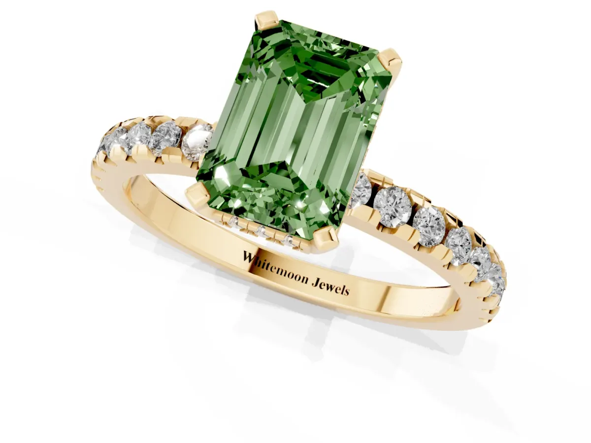 Fancy Green Emerald Cut Diamond Solitaire Ring with Round Pavé Band and Four-Prong Setting Yellow gold