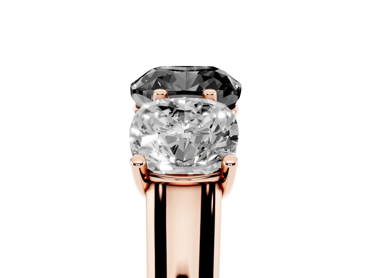 Fancy Black Cushion Cut Three-Stone Diamond Ring with Prong Setting on a Classic Band Rose gold