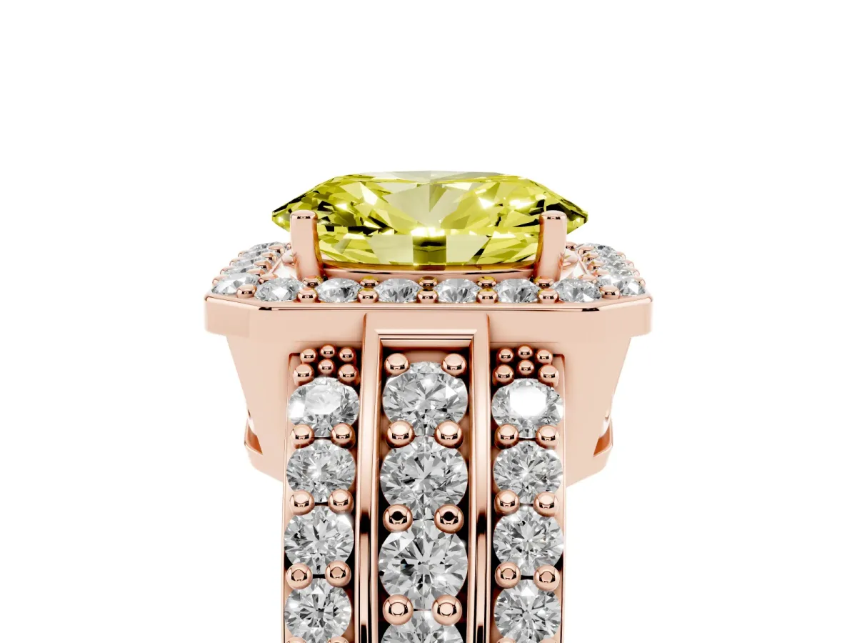 Fancy Yellow Oval Cut Halo Diamond Ring with Round Split Shank and Prong Setting Rose gold