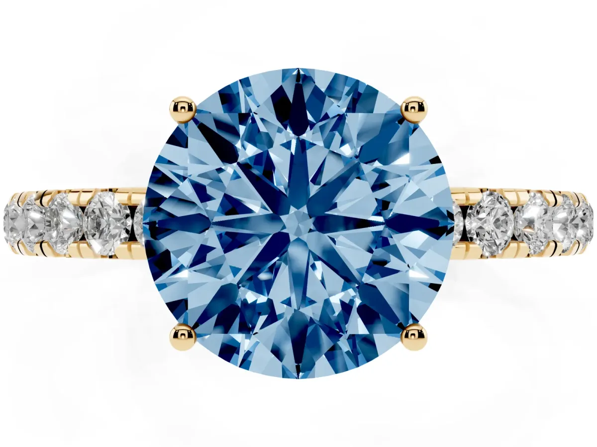 Fancy Blue Round Cut Diamond Pavé Solitaire Engagement Ring with Four-Prong Setting Yellow gold