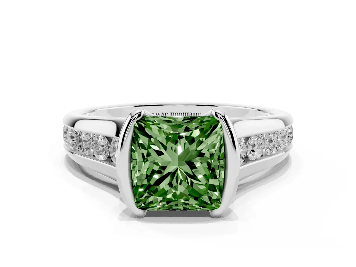 Fancy Green Princess Cut Solitaire Bezel-Set Diamond Ring with Channel-Set Band Silver