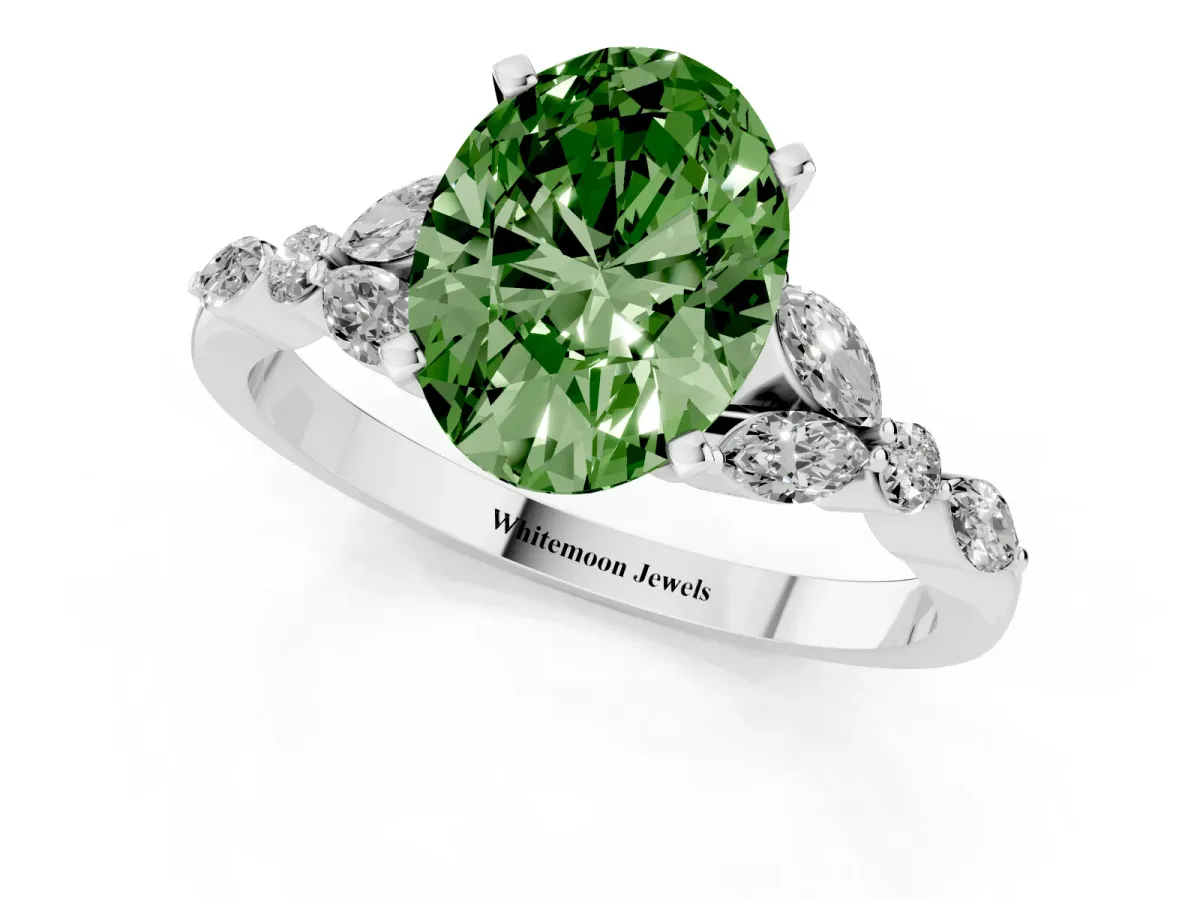 Fancy Green Oval Cut Diamond Solitaire Ring with Side Stones and Four-Prong Setting Silver