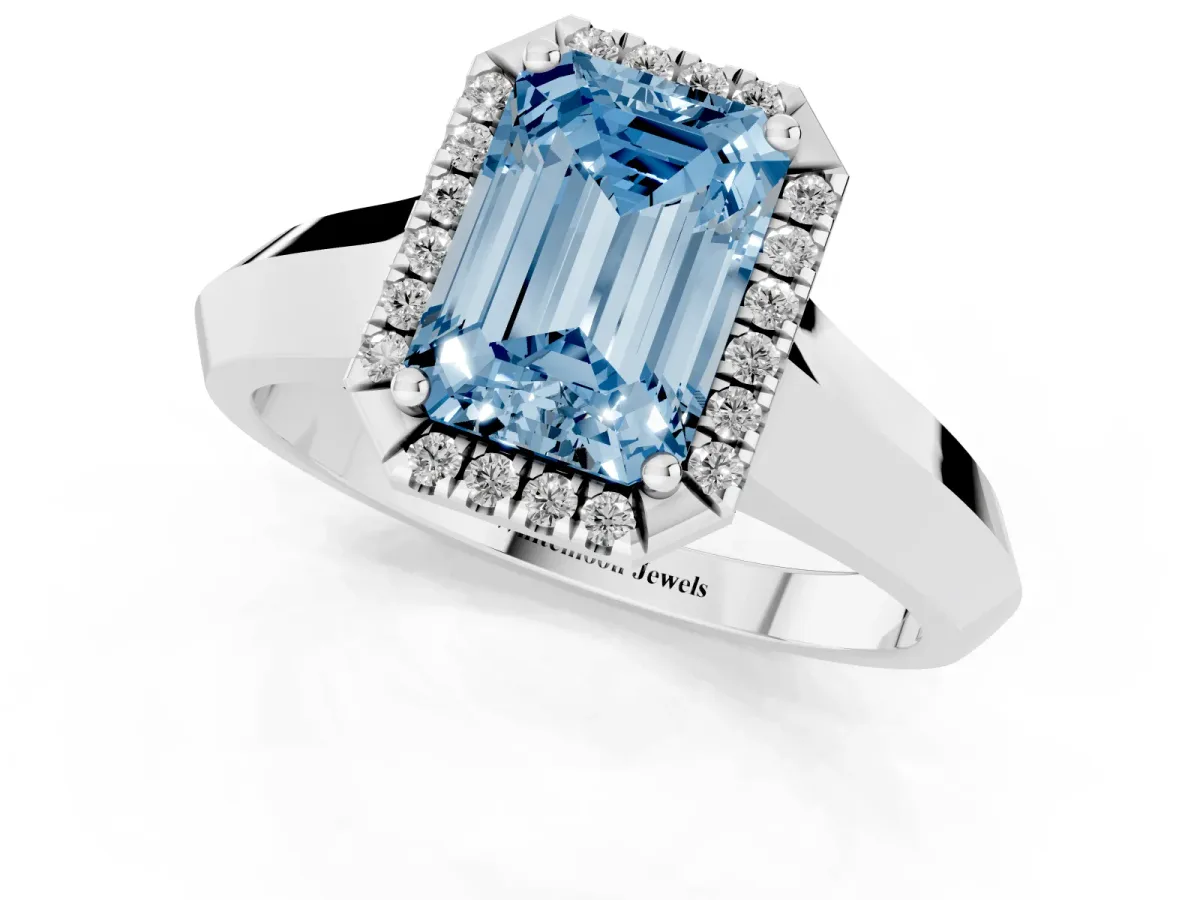 Fancy Blue Emerald Cut Halo Diamond Ring with Cathedral Band and Four-Prong Setting Silver