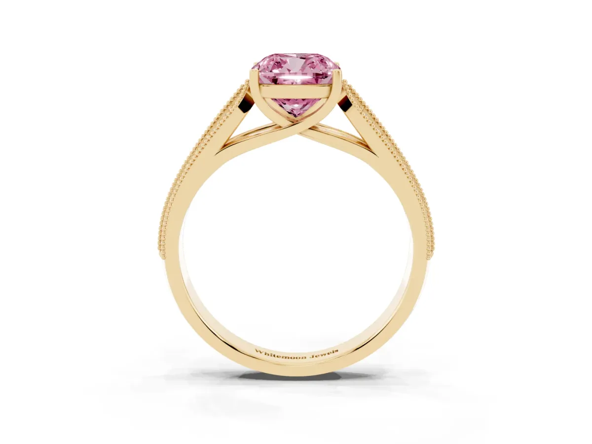 Fancy Pink Cushion Cut Cut Pave Split Shank Engagement Ring with Four-Prong Setting Yellow gold