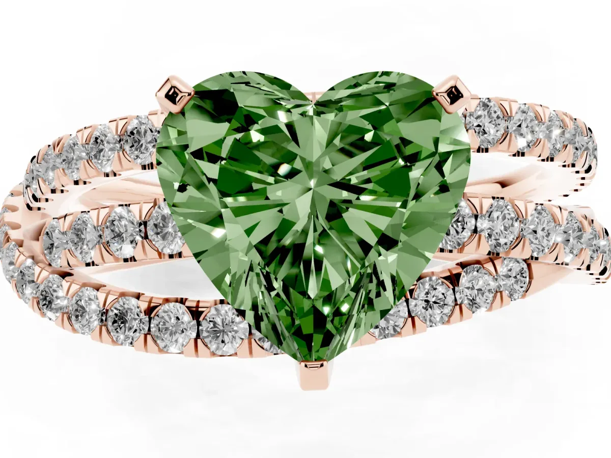 Fancy Green Heart Cut Solitaire Twist Band with Pavé Setting and Four-Prong Setting Rose gold