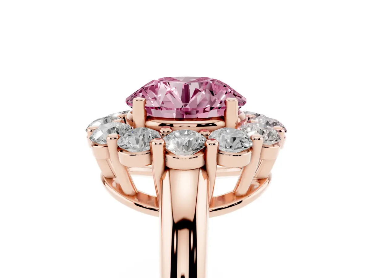 Fancy Pink Round Cut Halo Cluster Diamond Engagement Ring with Prong Setting and Polished Band Rose gold
