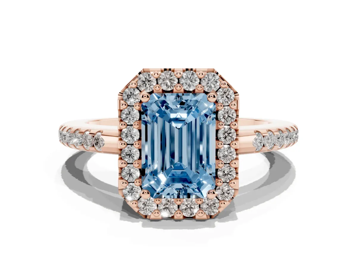 Fancy Blue Emerald Cut Diamond Pavé Halo Ring with Four-Prong Setting Rose gold