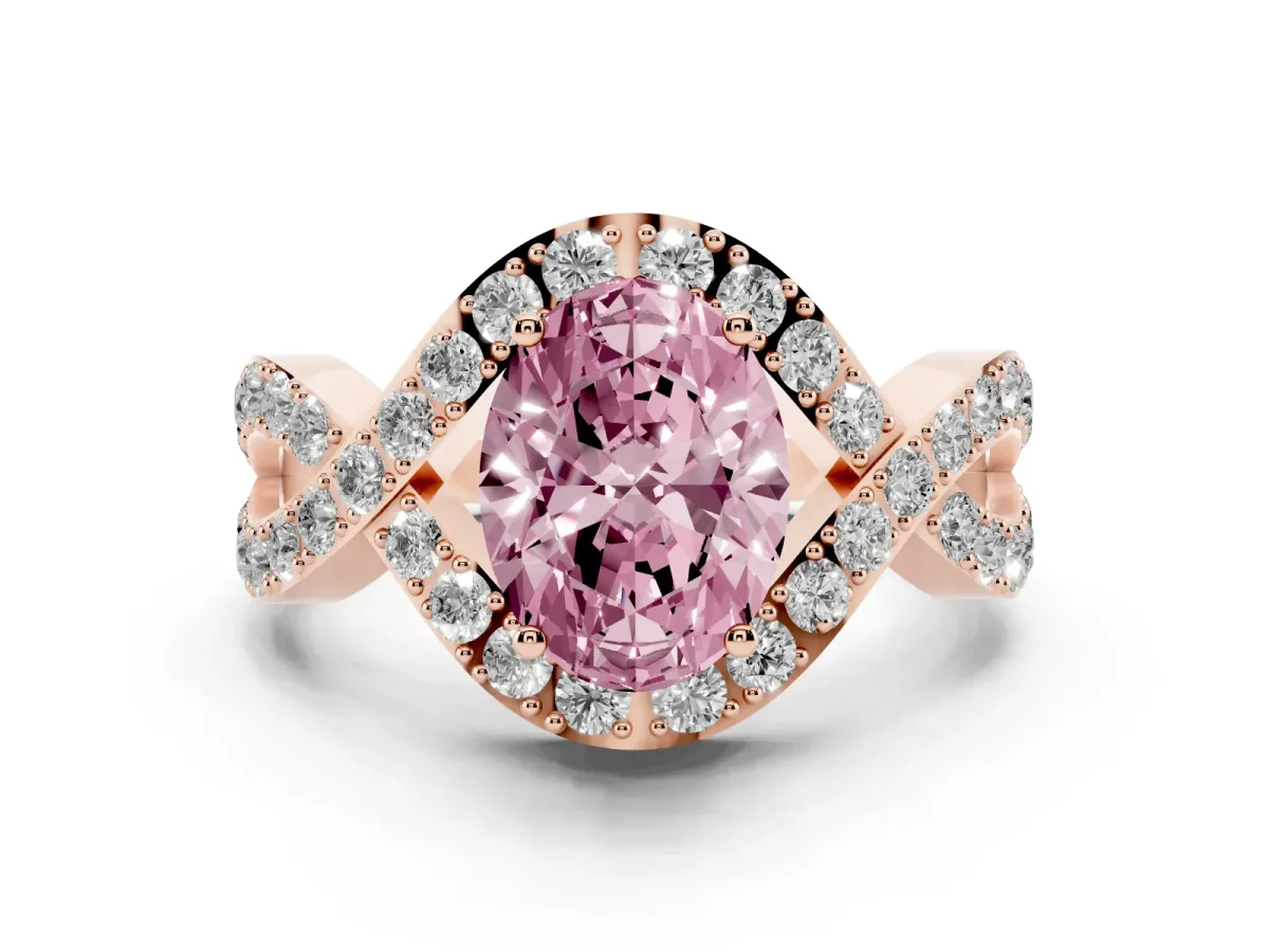 Fancy Pink Oval Cut Solitaire Twist Band Pavé Diamond Engagement Ring Rose gold