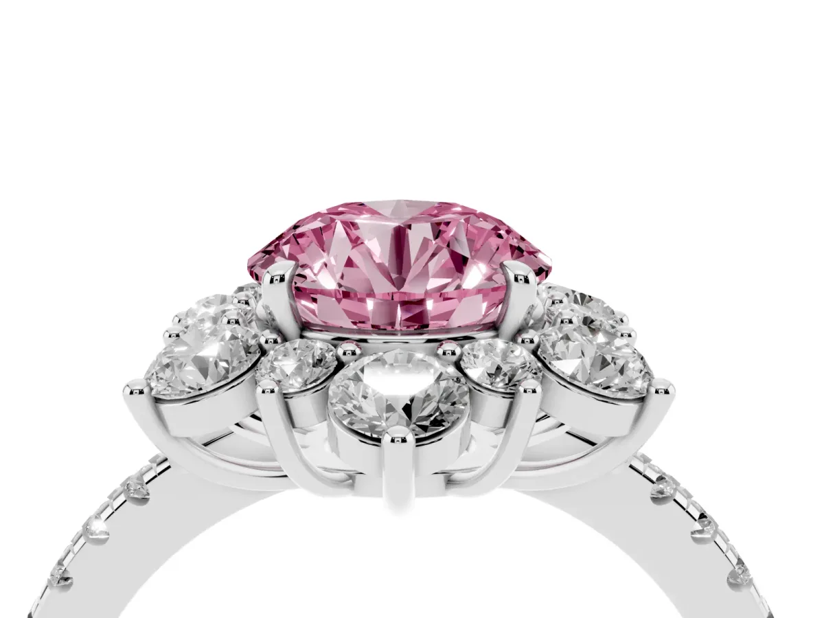 Fancy Pink Round Cut Diamond Floral Halo Ring with Round Pavé Band and Prong Setting Platinum