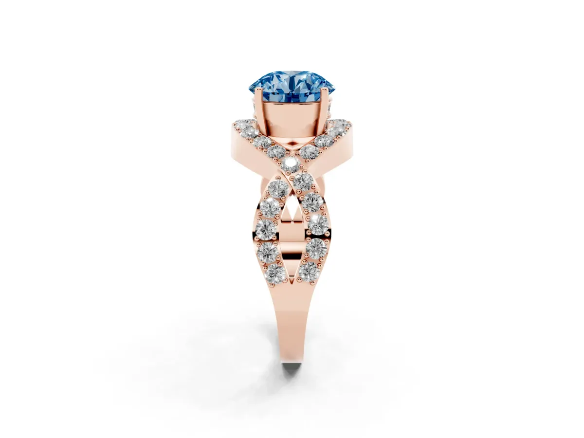 Fancy Blue Round Cut Solitaire Twist Band Pavé Diamond Engagement Ring Rose gold