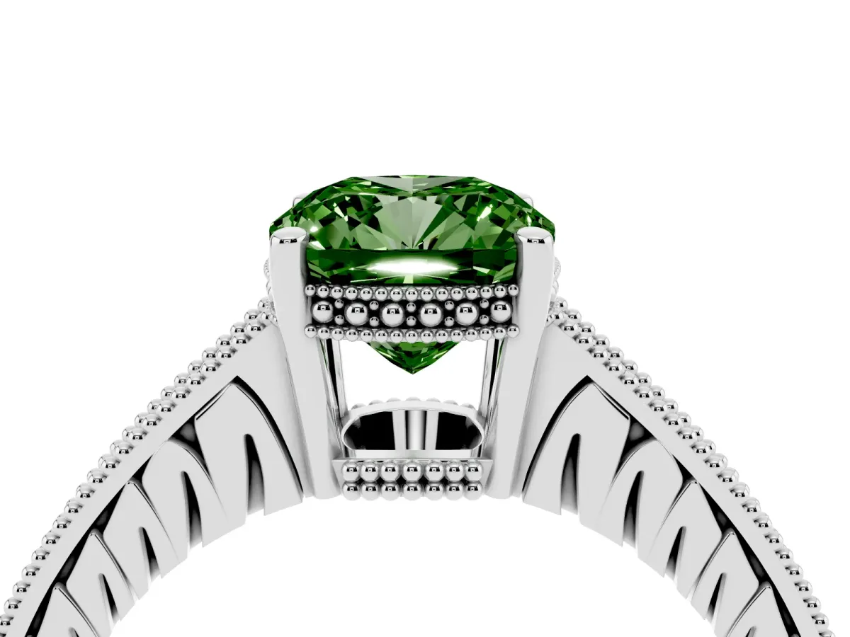 Fancy Green Cushion Cut Solitaire Pavé Diamond Milgrain Engagement Ring with Four-Prong Setting Silver