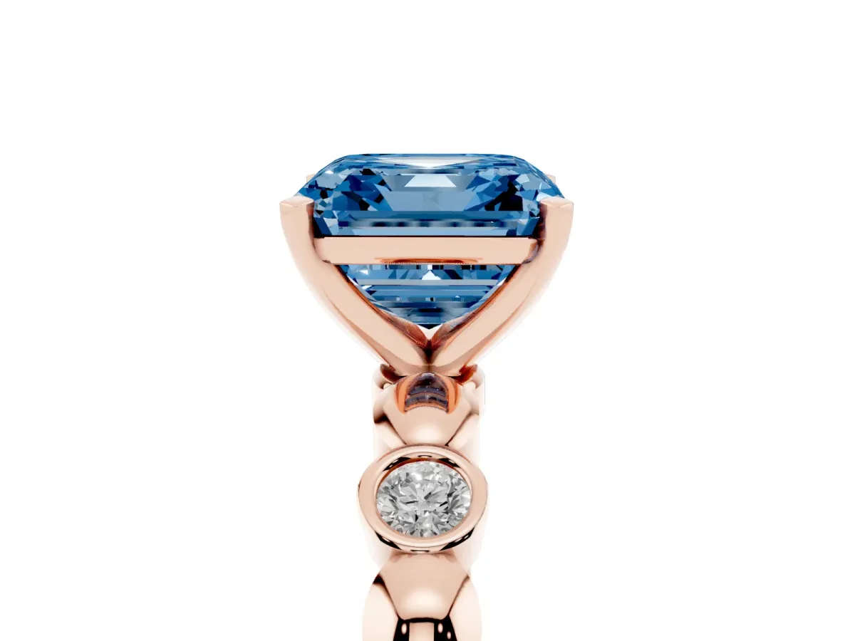 Fancy Blue Asscher Cut Solitaire Bezel-Set Diamond Ring with Beaded Band and Four-Prong Setting Rose gold