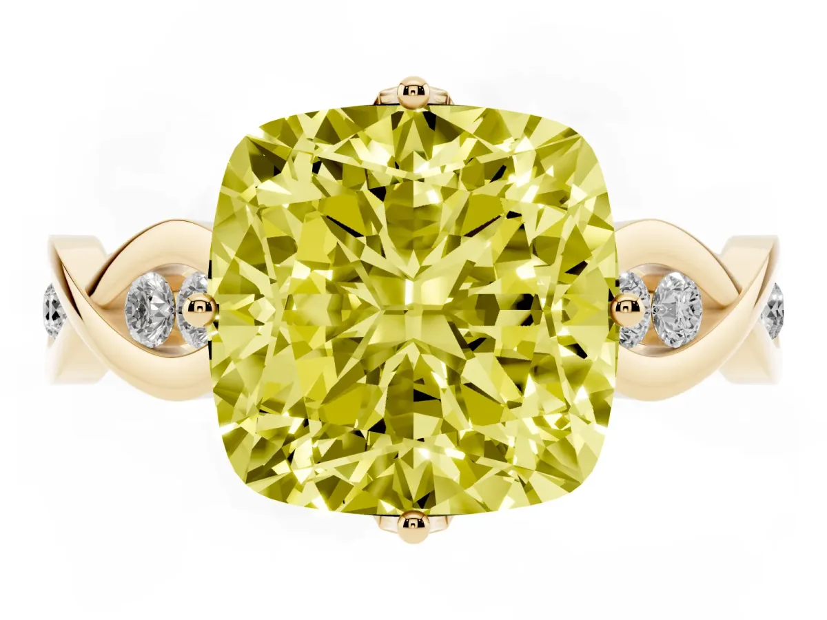 Fancy Yellow Cushion Cut Solitaire Twist Band with Leaf Prong Setting Yellow gold