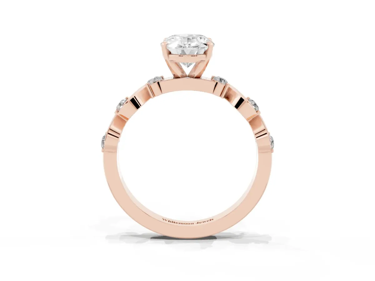 Oval Cut Diamond Solitaire Twisted Band with Round Accents and Prong Setting Rose gold