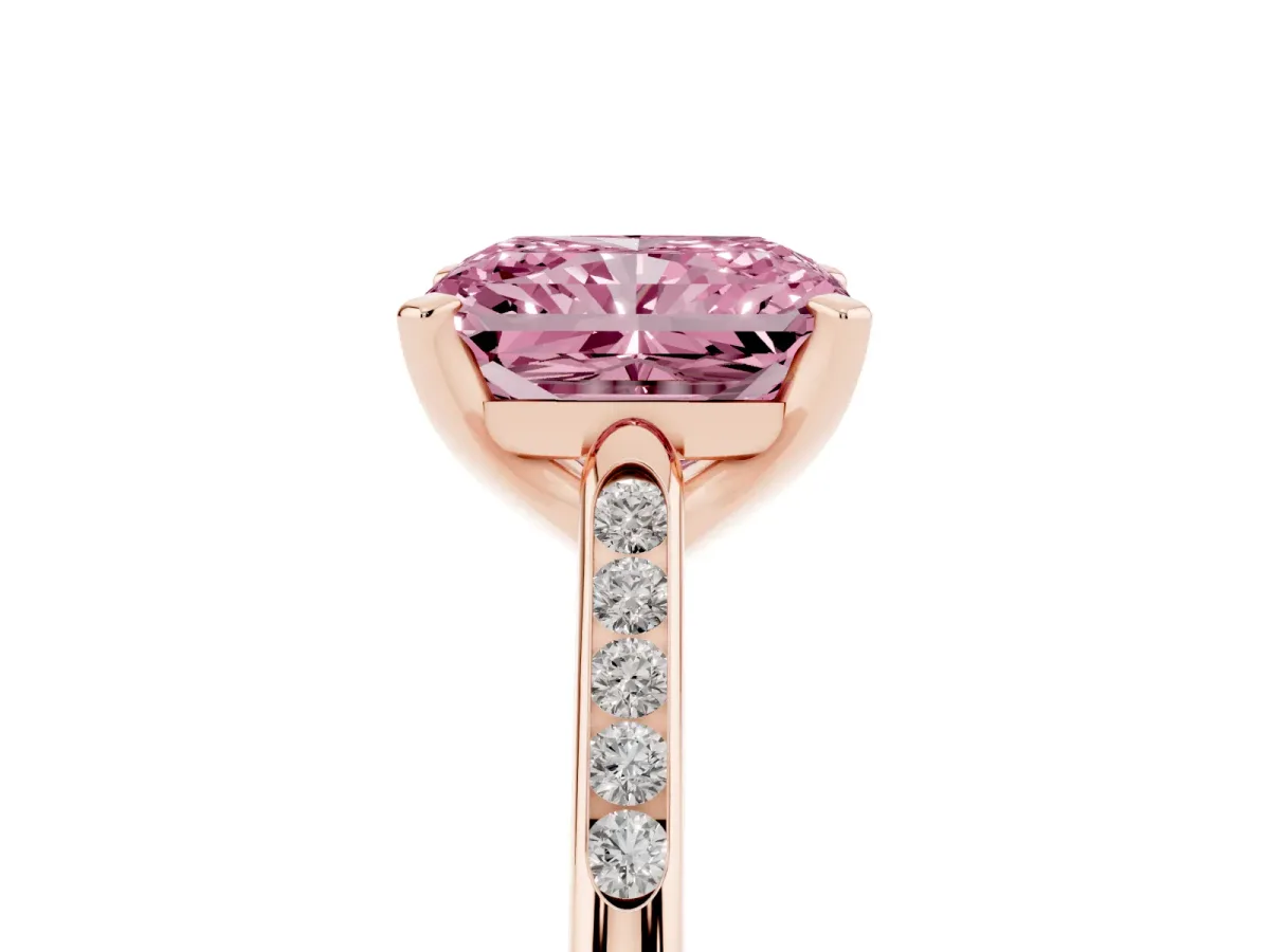 Fancy Pink Radiant Cut Diamond Solitaire Ring with Channel Set Round Band and Prong Setting Rose gold
