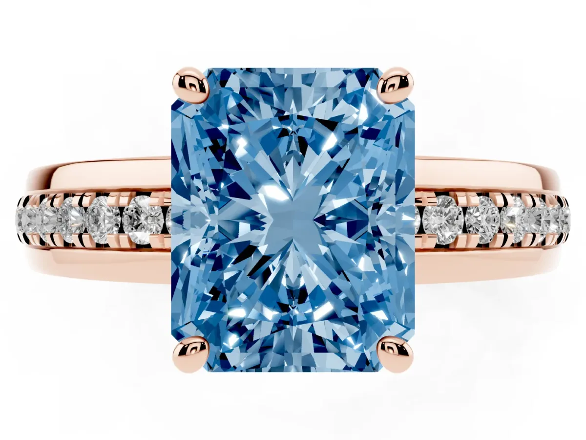 Fancy Blue Radiant Cut Solitaire Diamond Ring with Channel Set Band and Six-Prong Setting Rose gold
