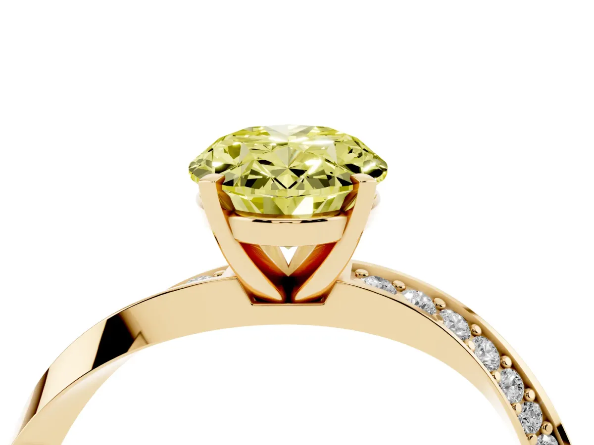 Fancy Yellow Oval Cut Diamond Engagement Ring with Side Stone Accents and Four-Prong Setting Yellow gold