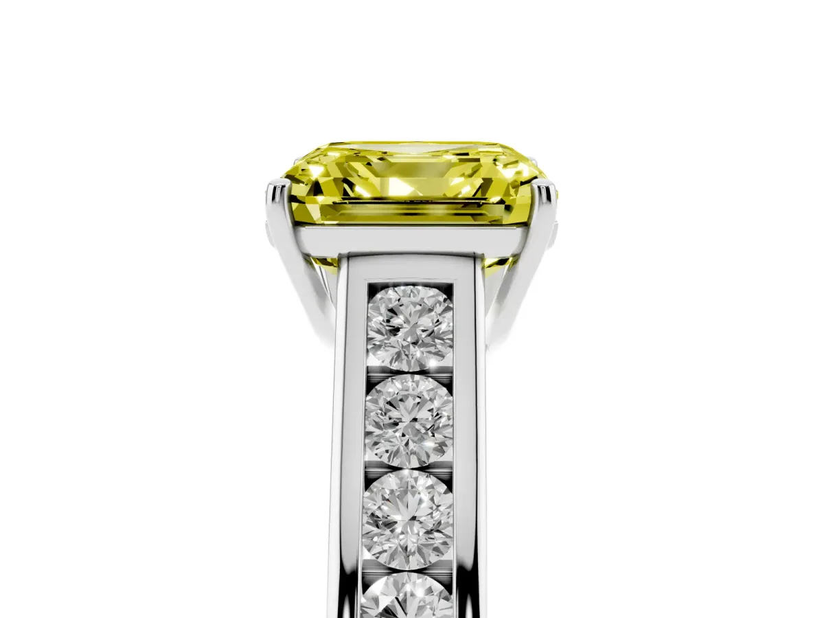 Fancy Yellow Asscher Cut Solitaire Channel-Set Diamond Engagement Ring with Four-Prong Setting Silver