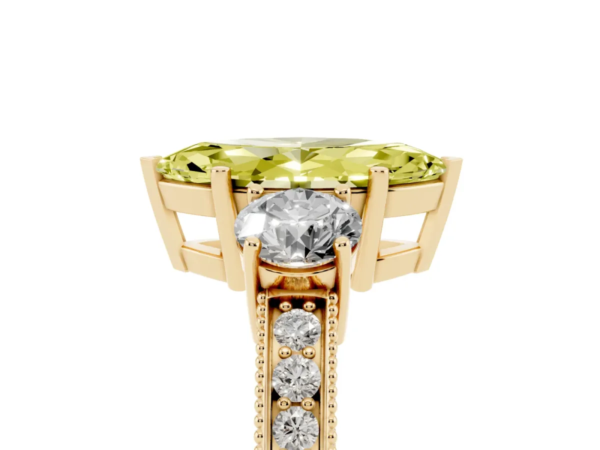 Fancy Yellow Marquise Cut Three-Stone Diamond Ring with Pavé Band and Four-Prong Setting Yellow gold