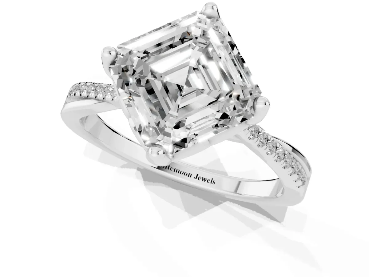 Asscher Cut Solitaire Twist Band with Pavé Diamonds and Four-Prong Setting White gold