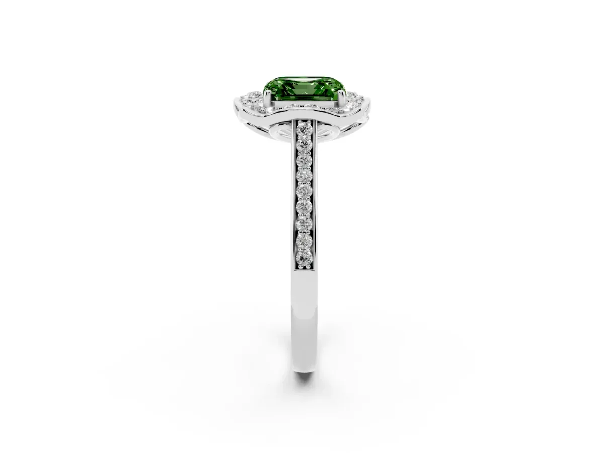 Fancy Green Asscher Cut Halo Round Diamond Pave Band with Four-Prong Setting White gold