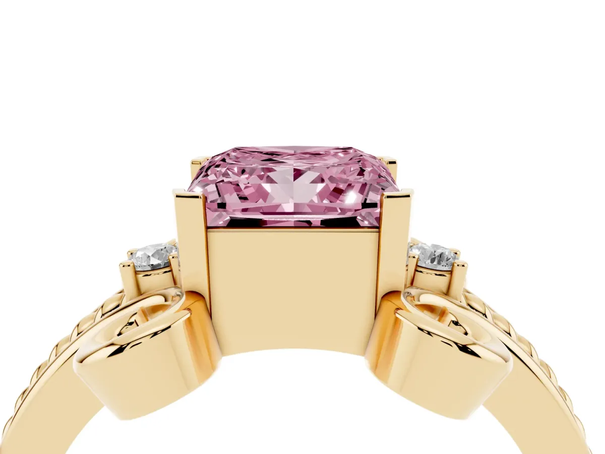 Fancy Pink Princess Cut Solitaire Twisted Band Scroll Prong Ring Yellow gold