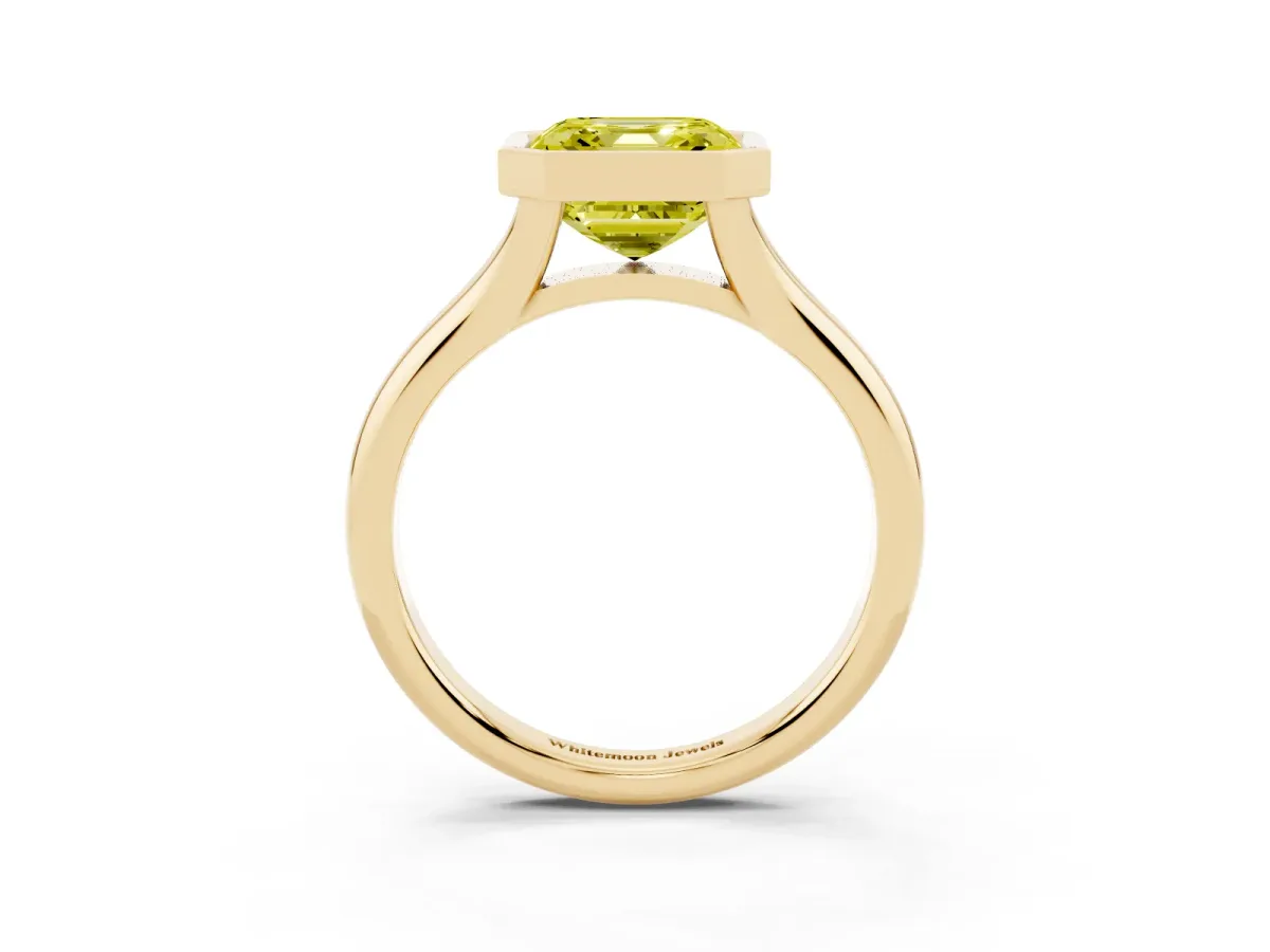 Fancy Yellow Bezel Set Asscher Cut Solitaire Diamond Ring with Smooth Band Yellow gold