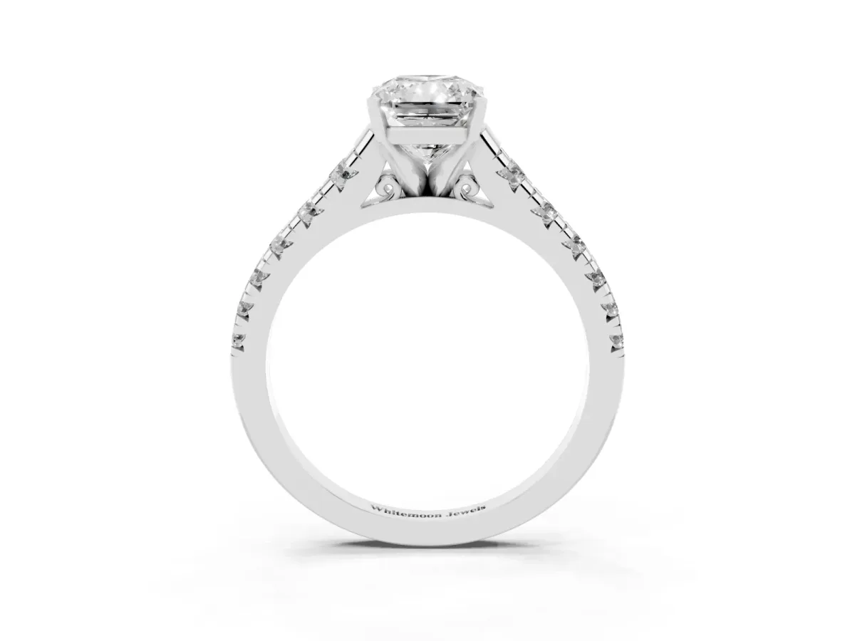 Radiant Cut Diamond Cathedral Solitaire Ring with Round Pavé Band Platinum